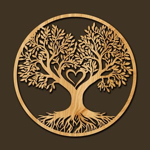May include: A wooden tree of life wall art. The design features a tree with a heart-shaped space in the center, surrounded by a circular frame. The tree's branches and roots are intricately detailed, and the wood has a natural, light brown color.