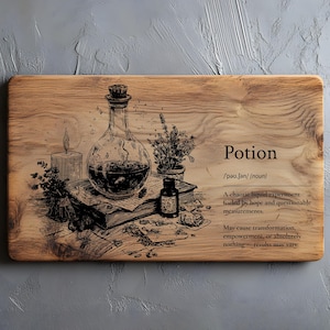 May include: Wooden chopping board with an engraved illustration of a potion bottle, candle, and herbs. The word "Potion" is displayed with a definition and text about a chaotic liquid experiment. The board has a rustic, vintage aesthetic.