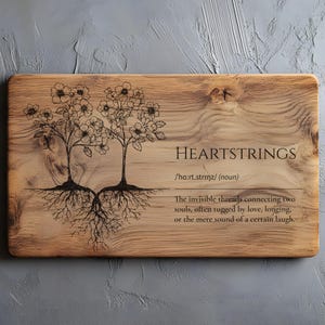 Könnte beinhalten: Rechteckiges Holzschild mit dem Wort "HEARTSTRINGS" und einer Definition. Zwei stilisierte Bäume mit verschlungenen Wurzeln und floralen Ästen sind links eingeätzt. Das Schild ist aus hellbraunem Holz.