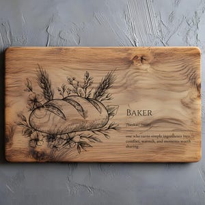 Peut inclure: Planche à découper en bois avec une illustration de pain et de fleurs. Le mot "BAKER" est au-dessus de la définition : "celui qui transforme des ingrédients simples en confort, chaleur et moments à partager."