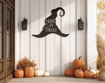 Trick or Treat Witch Hat SVG DXF, Halloween Porch Plasma Cut Wall Sign