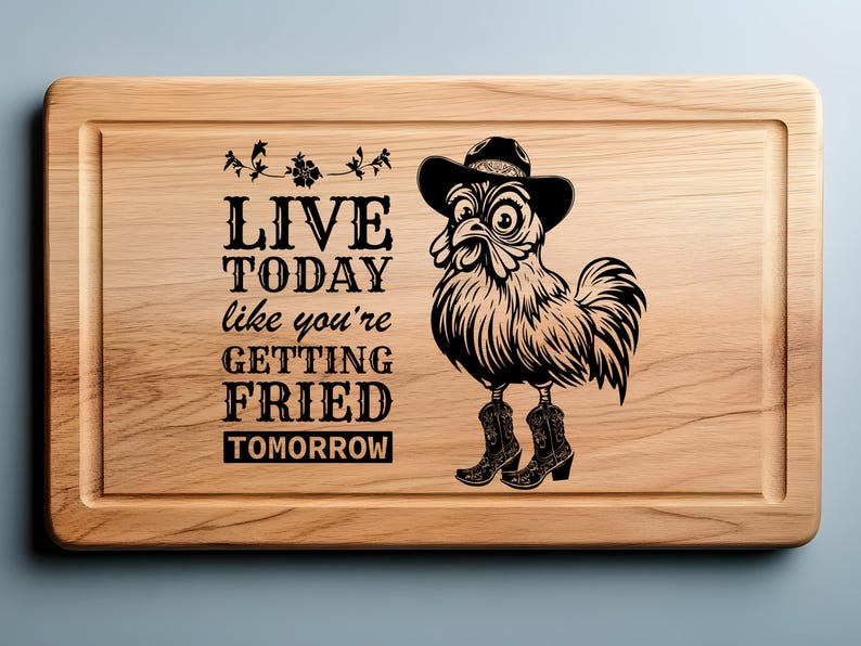 May include: A wooden cutting board with a black and white illustration of a rooster wearing a cowboy hat and boots. The text "LIVE TODAY like you're GETTING FRIED TOMORROW" is engraved on the board.