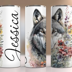 Add Your Own Text Seamless Wolf Tumbler Wrap.  20oz Skinny Tumbler Sublimation Designs. Straight and  Tapered. Wolf with Flowers PNG.