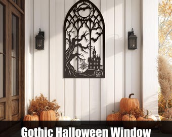 Gothic Halloween Window SVG DXF, Haunted House Plasma Cut File, Cathedral Wall Art