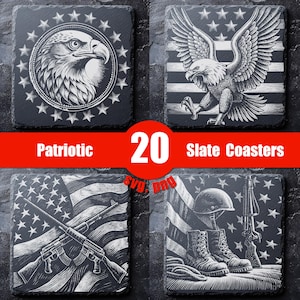 Puede incluir: Juego de 20 posavasos de pizarra con diseños patrióticos. Cada posavasos presenta una ilustración en blanco y negro, incluyendo un águila, la bandera americana e imágenes militares. Se muestra la palabra "Patriotic".