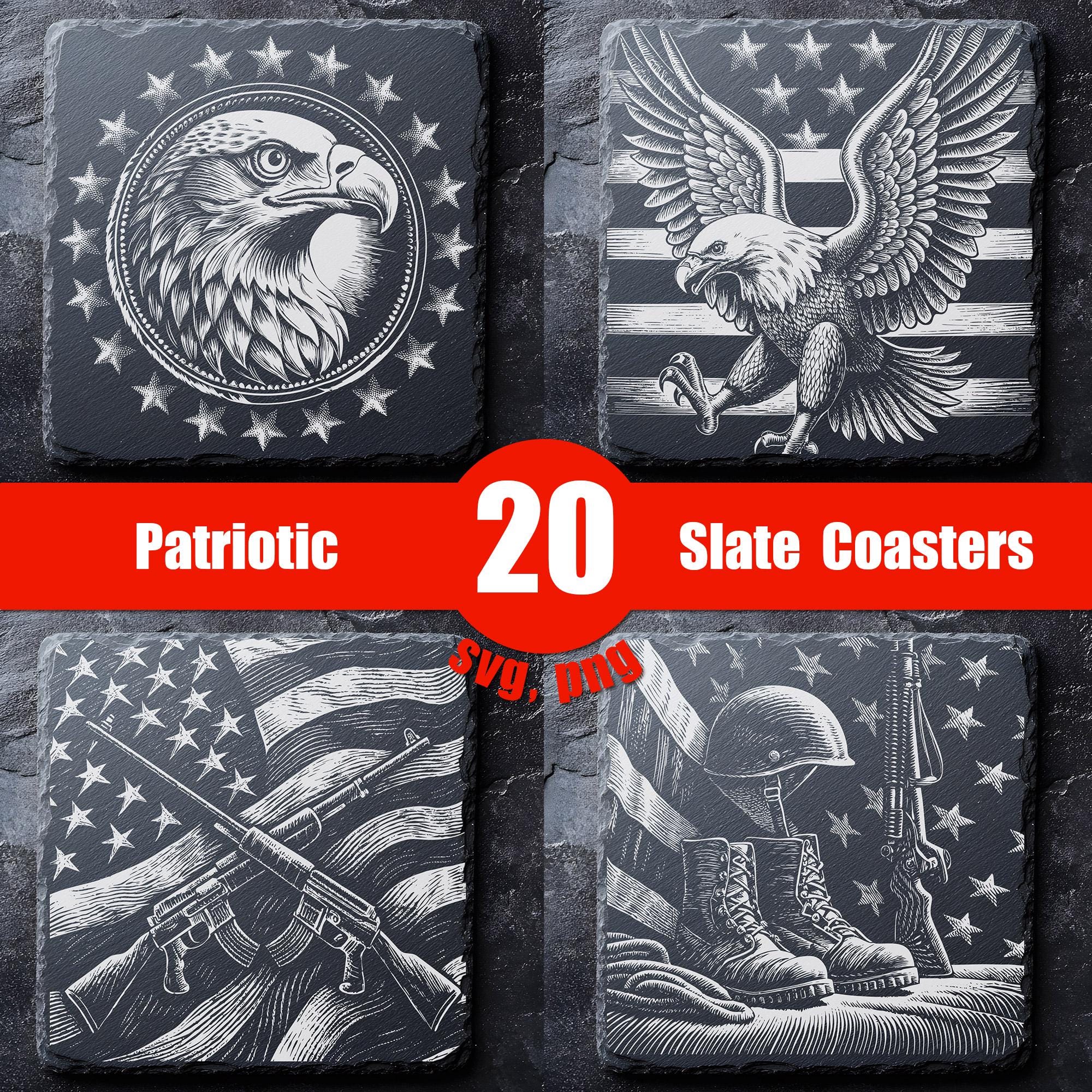 Military Coasters Bundle SVG, PNG, Patriotic Slate Coaster Set, Cutting Board Engraving, Slate Cheese Boards, Laser Burn Png, Svg