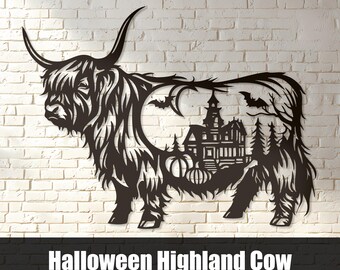 Halloween Highland Cow SVG DXF, Haunted Mansion Plasma Cut Metal Wall Art