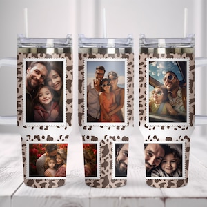 May include: Three stainless steel tumblers with clear lids and handles. Each tumbler features a brown and white leopard print design with a different family photo in each of the four squares on the tumbler.