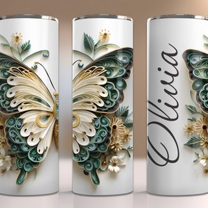 Add Your Own Text 3D Floral Butterfly 20 oz Skinny Tumbler Sublimation Design, Straight And Tapered Tumbler Wrap, Digital Download PNG