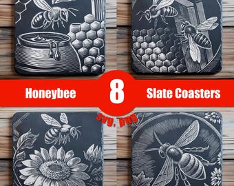 Bee Slate Bundle SVG, PNG Slate Coaster Engraving, Bee Lover Gift Svg, Cutting Board Engraving, Slate Cheese Boards, Laser Burn Png, Svg