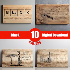 May include: Four wooden plaques with engraved designs. One features the word "BLACK" using the periodic table, another has a piano and musical notes, a third depicts a woman carrying a basket, and the last shows a street scene.