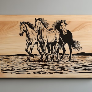 Galloping Horses Charcuterie Cutting Board Laser Engrave SVG File, Cowboy, Lightburn Laser SVG File, Country Life, Wood Sign, Horse Scene
