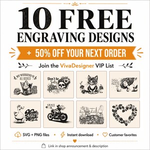 Op de afbeelding: Een digitale afbeelding met de tekst 10 FREE ENGRAVING DESIGNS en 50% OFF YOUR NEXT ORDER. Hieronder staan acht zwart-wit illustraties, waaronder een lezende kip, een schedel, een kat, een zeemeermin, een gans, een motorfiets, een hert en aardbeien.