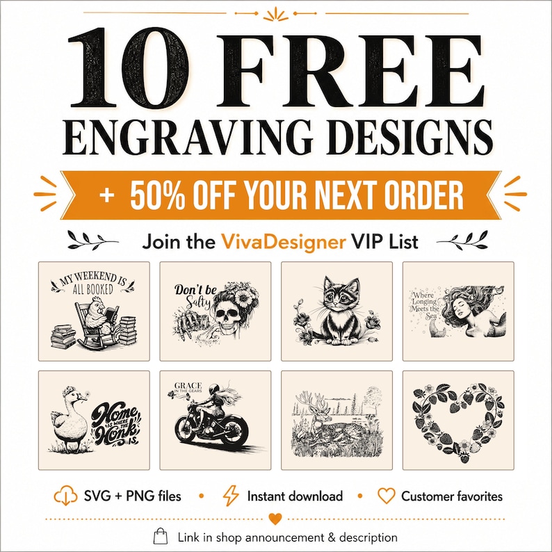 Op de afbeelding: Een digitale afbeelding met de tekst 10 FREE ENGRAVING DESIGNS en 50% OFF YOUR NEXT ORDER. Hieronder staan acht zwart-wit illustraties, waaronder een lezende kip, een schedel, een kat, een zeemeermin, een gans, een motorfiets, een hert en aardbeien.