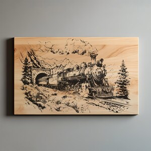 May include: A black and white engraved image of a vintage steam train emerging from a tunnel, set against a mountainous landscape. The artwork is on a rectangular wooden board, showcasing the train's intricate details and billowing smoke.