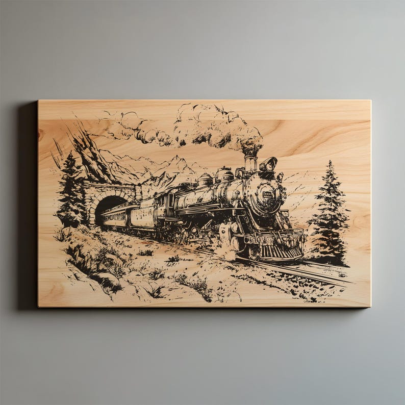 May include: A black and white engraved image of a vintage steam train emerging from a tunnel, set against a mountainous landscape. The artwork is on a rectangular wooden board, showcasing the train's intricate details and billowing smoke.