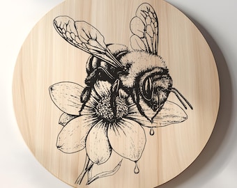 Biene Wildblume SVG PNG | Bestäuber Rundschild Laserdatei | Natur Gravur Design für Holzdekor