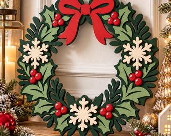 Layered Christmas Wreath SVG DXF | Winter Door Sign Laser Cut File, 2 Layer Decor