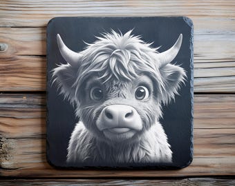 Cute Highland Cow PNG for Laser Engraving, Funny Baby Cow Slate Coaster Design, Farm Animal Engrave File