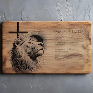 May include: Wooden plaque with a lion illustration and a cross. The text reads "MAN OF FAITH" with inspirational quotes. The plaque is rectangular with a natural wood grain finish.