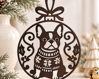 French Bulldog Christmas Ornament SVG DXF, Laser Cut Dog Bauble, Frenchie Holiday Gift