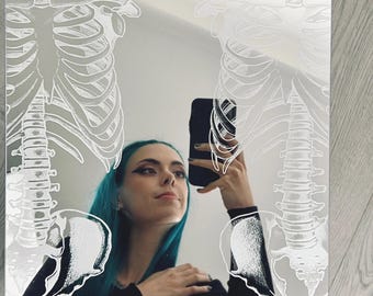 Engraved Skeleton Mirror – 30x30 or 30x15cm Square Handcrafted Gothic Wall Art, Tattooed mirror, gothic gift, alternative home art