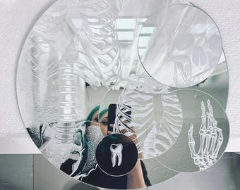 Bundle Bone Collection Mirror – Hand, Skull, Ribcage & Tooth Engraved, Tattooed mirror, gothic gift, alternative home art