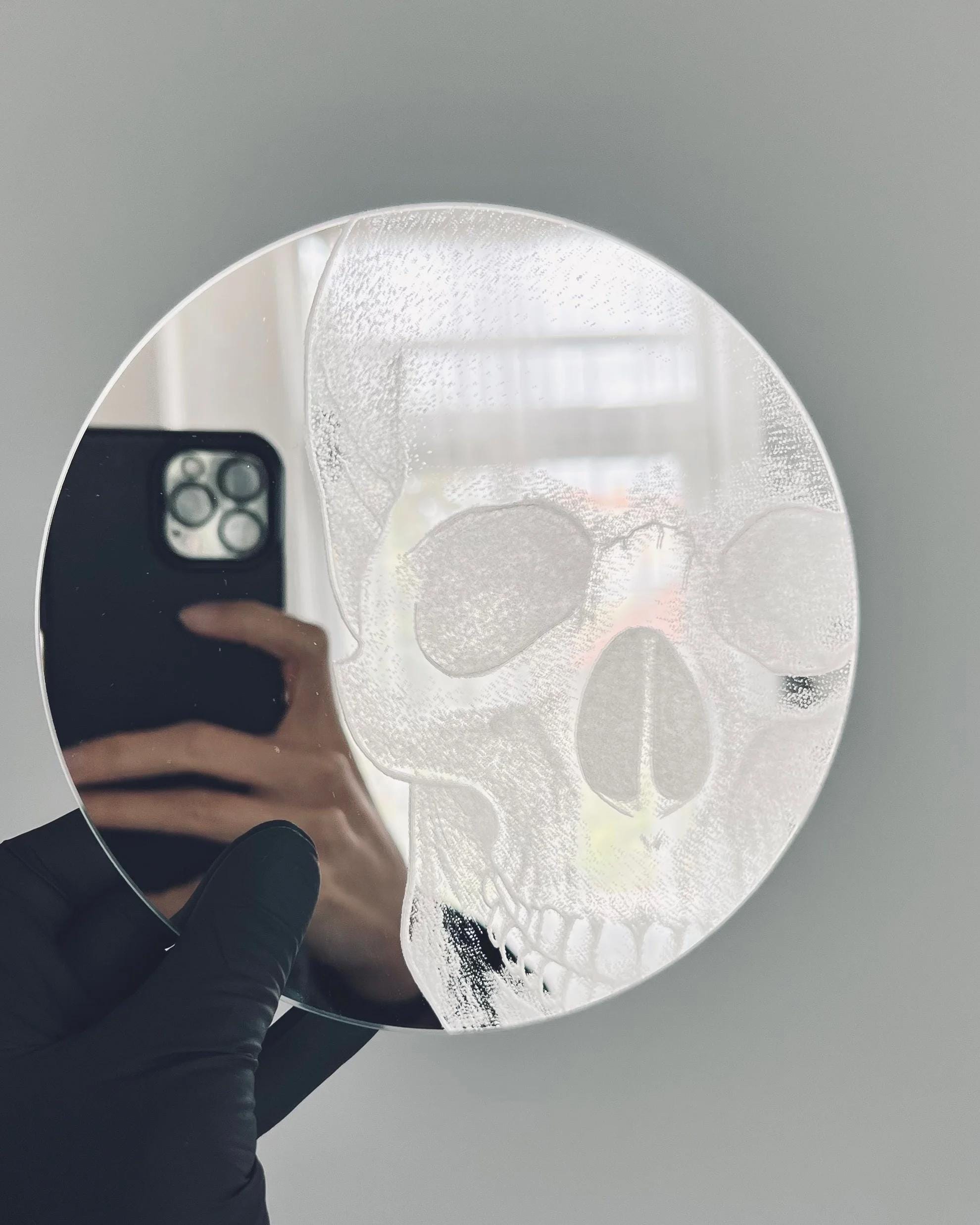 Engraved Skull Mirror – 15cm Round Skeleton Wall Art for Alternative Decor, Tattooed mirror, gothic gift, alternative home art