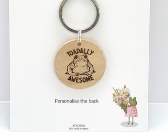 Custom birthday keyring him, personalised funny keychain men, engraved name gift, wooden keyring, toadally awesome gift,