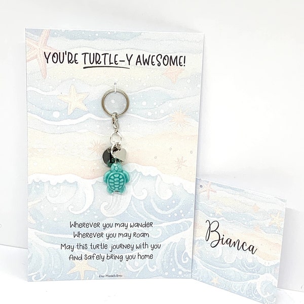 Good luck travel turtle keyring, lucky charm leaving gift women, travelling blessing engraved keychain, personalised goodbye keepsake her,