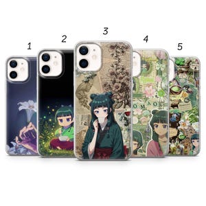 May include: Five phone cases with anime-style illustrations. The cases feature various designs, including a girl with a teacup, floral patterns, and other anime characters. The cases are designed for a smartphone.