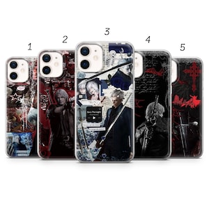May include: Five clear phone cases with various designs. The cases feature images of characters in a dark, gothic style, with red and black color schemes. Some cases have text and illustrations.