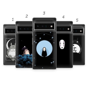 May include: Five black phone cases with anime-style illustrations. The designs feature characters and scenes from popular animated films. Each case has a unique design, with a clear camera cutout.