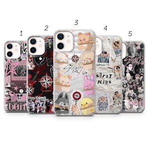 May include: Five phone cases with different designs. The cases feature images of a band, cartoon characters, and text. The colours include pink, black, white, and red. The text includes "Stray Kids" and "DOIT".