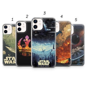 May include: Five phone cases featuring Star Wars designs. The cases display various scenes with spaceships, characters, and the Star Wars logo. The cases have a clear border and are designed to fit a smartphone.