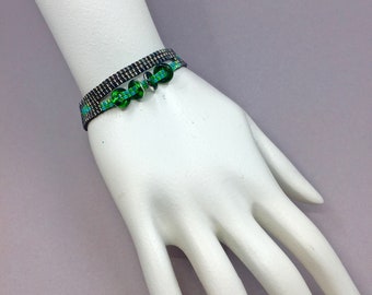 Split bracelet woven on a bead loom Miyuki delica seed beads dark grey green lt blue green Cheerios Chrysolite Vitrail, lobster clasp