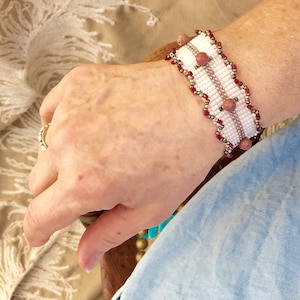 Woven cuff bracelet pearl white bronze beige seed beads pink stone beads slide tube closure
