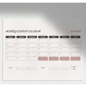 May include: A black and white monthly content calendar with the title "MONTHLY CONTENT CALENDAR" and the date "01/2024". The calendar has a grid with days of the week labeled at the top and numbered boxes for each day. The boxes are blank and ready to be filled in with content ideas.