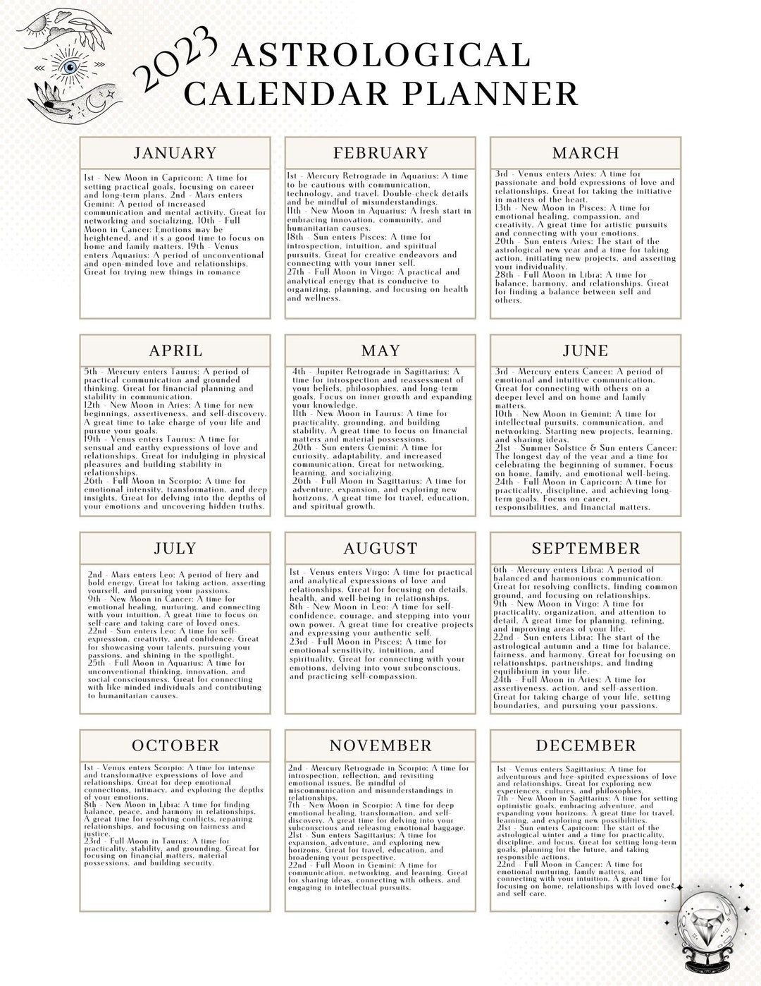 2023 & 2024 Monthly Astrological Calendar Printable Etsy