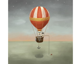 Tranquility - Illustrated Giclée Art Print Fishing in a Hot Air Balloon