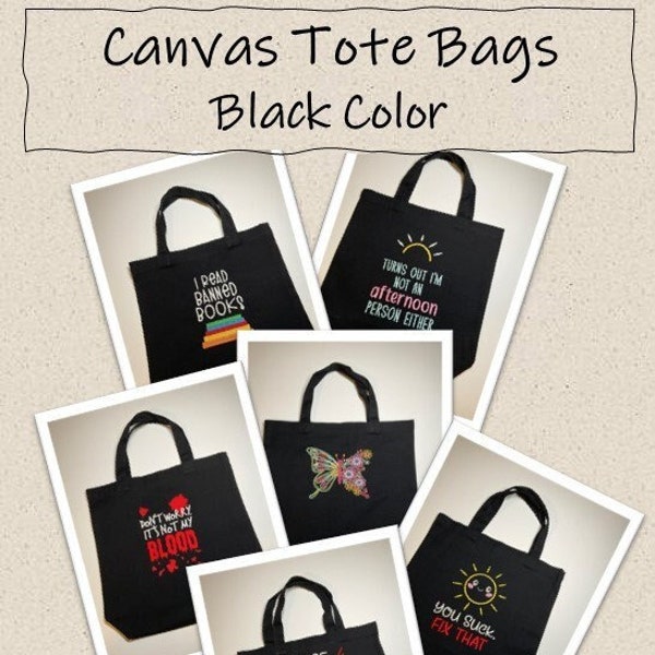 Machine Embroidered Canvas Tote Bags - Black