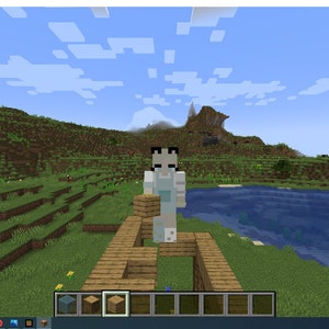 May include: A Minecraft character wearing a light blue dress with white accents stands on a wooden platform. The character has black hair and blue eyes. The platform is surrounded by green grass and a body of water.