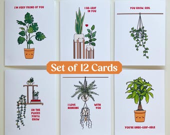 Houseplant Greeting Cards | Positive Plant Puns | Set of 12, Blank Inside