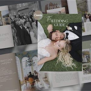 May include: A wedding guide booklet with images of a bride and groom, a bridal party, and a wedding ceremony. The cover features the text "The Wedding Guide" in a decorative font.