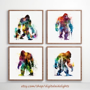 Watercolor Bigfoot Digital Paintings | Set of 4 Prints | Original Wall Decor | High Resolution Printables