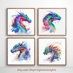 Watercolor Dragon Digital Paintings | Set of 4 Prints | Original Wall Decor | High Resolution Printables