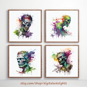 Watercolor Zombie Digital Paintings | Set of 4 Prints | Original Wall Decor | High Resolution Printables