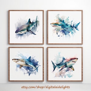 Watercolor Shark Digital Paintings | Set of 4 Prints | Original Wall Decor | High Resolution Printables