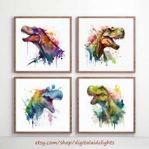 Watercolor Tyrannosaurus Digital Paintings | Set of 4 Prints | Original Wall Decor | High Resolution Printables