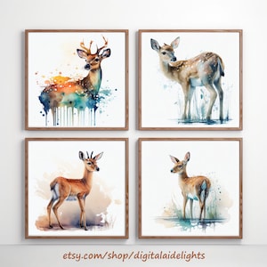 Watercolor Doe Digital Paintings | Set of 4 Prints | Original Wall Decor | High Resolution Printables